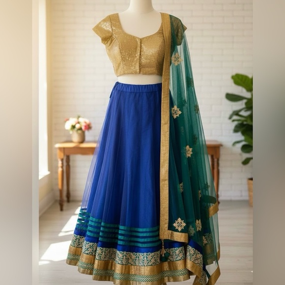 Other - Regal Navy Blue & Gold Sequin Lehengha Choli with Dupatta | Size Small